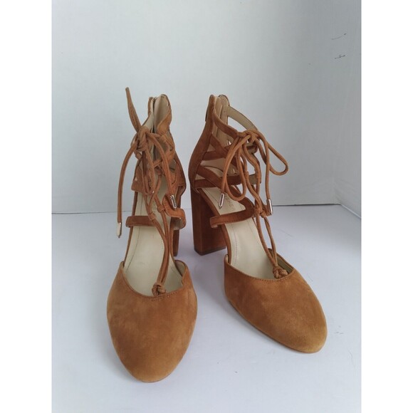 MFisher‎ Lace Up Heels Suede Block Heel Dress Shoes Brown Strappy Size 8 - Picture 1 of 6